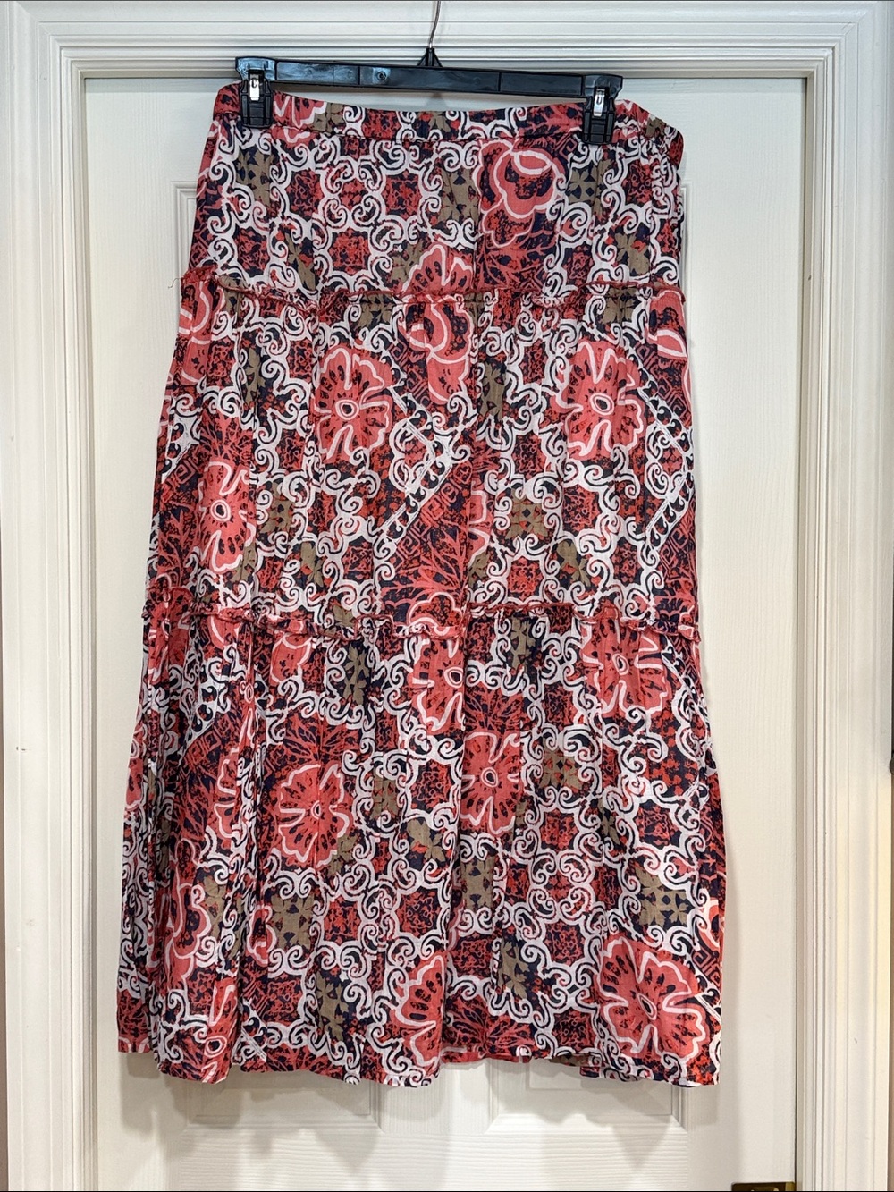 Jaclyn Smith Coral, White & Brown Tiered Floral Maxi Skirt